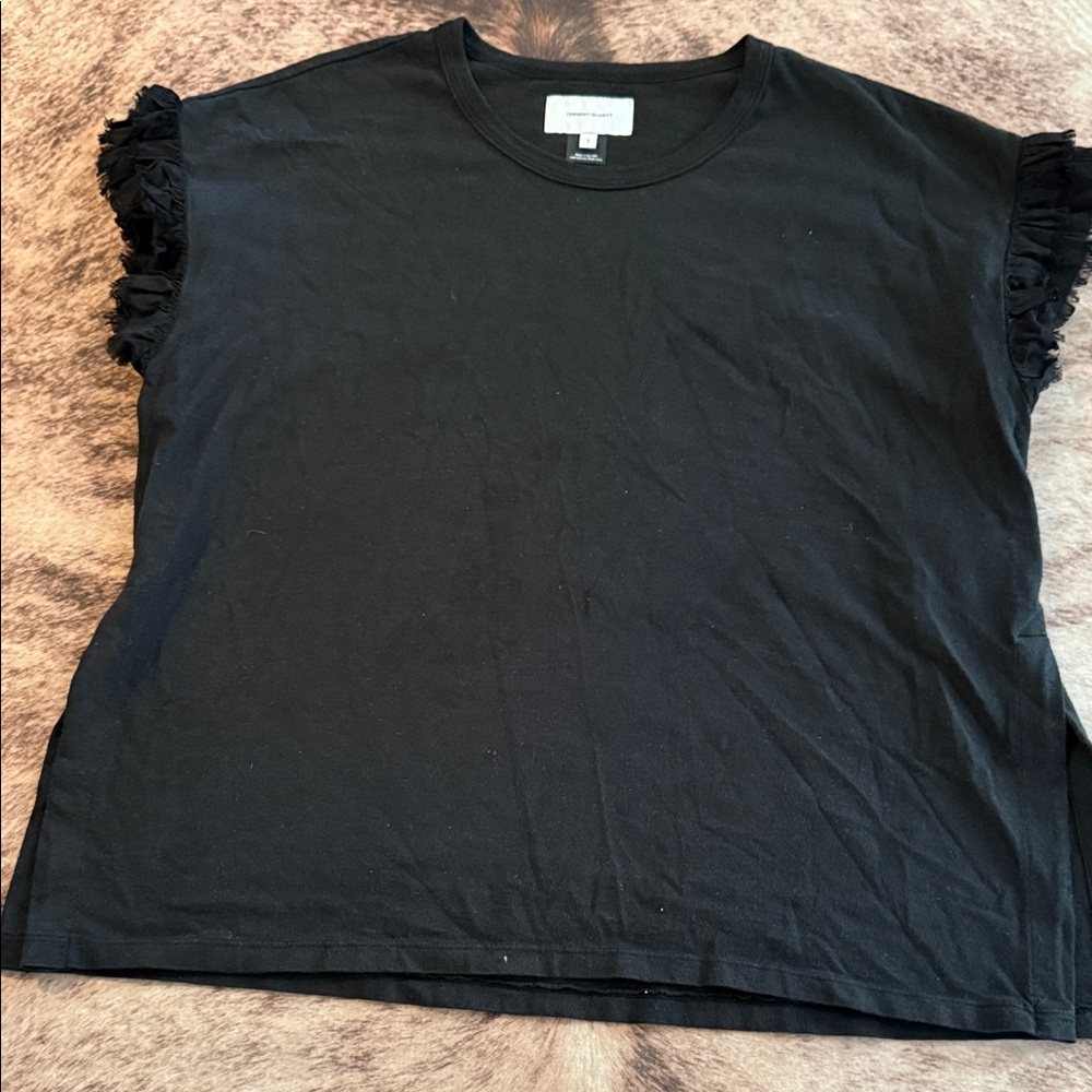 Current/Elliott Black Cotton Tee with Ruffle Cap Sleeves